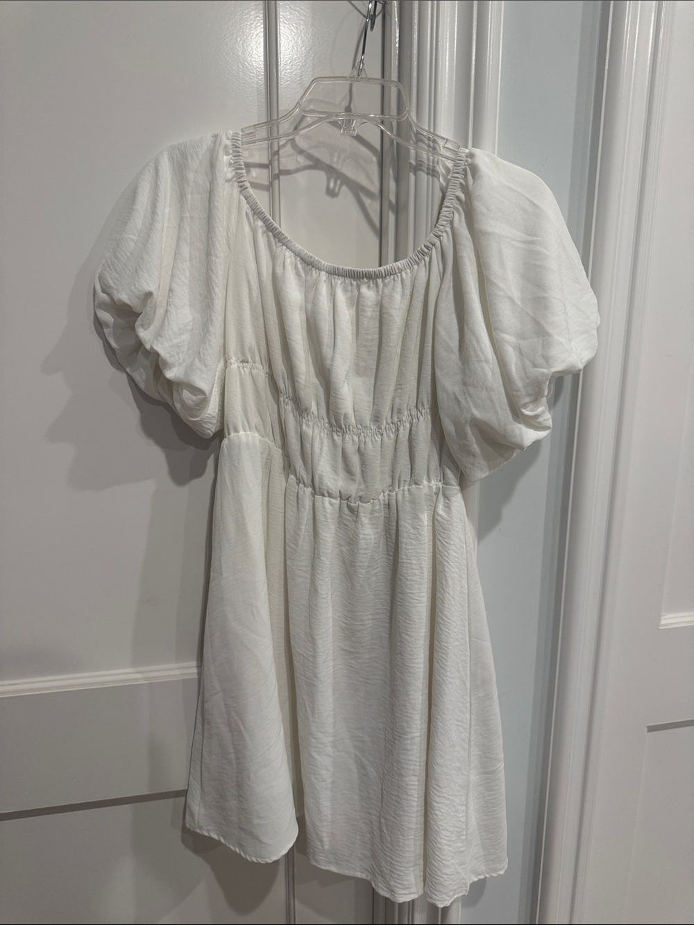 White Puff-Sleeve Mini Dress with Gathered Waist